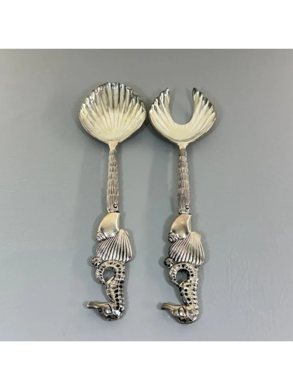 Vintage Godinger Silver Seahorse Shell Salad Serving Set Fork Spoon 11